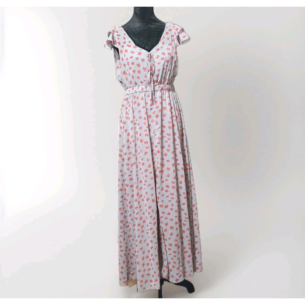 Aggie Floral Flowy Maxi Dress Sz M Gray Red Ruffle Cap Sleeve Peasant V-Neck - Picture 14 of 14